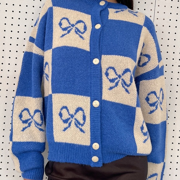 NWOT: Lisa Says Gah Blue and Cream Checkered Cardigan - Picture 8 of 14